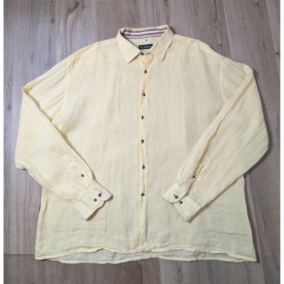 Leonardo Valenti Size 4XL Linen Shirt Made In Italy Long Sleeve Yellow Coastal - Picture 2 of 8